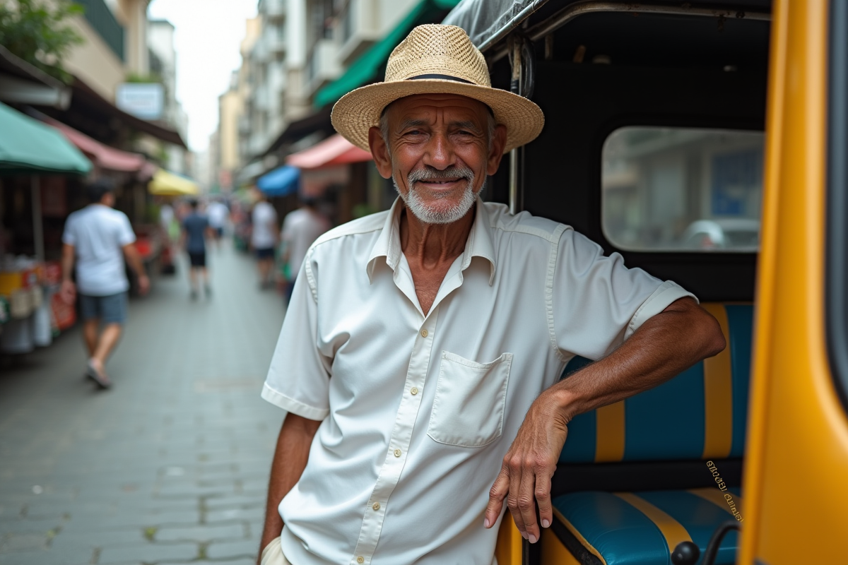 Homme âgé souriant avec tuk tuk à Bangkok