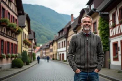 Homme d'âge moyen dans un village bavarois charmant