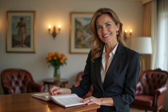 Femme d affaires dans un lobby d hotel élégamment décoré