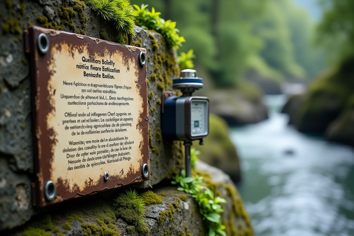 Panneau d'interdiction de baignade et station de surveillance de la qualité de l'eau au bord de la rivière Vis dans les gorges