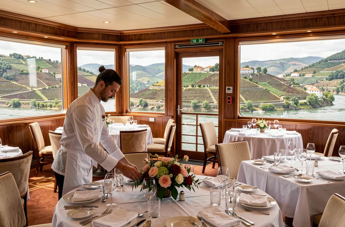 Intérieur élégant d'un bateau de croisière de luxe sur le Douro avec vue sur les vignobles en terrasses au Portugal