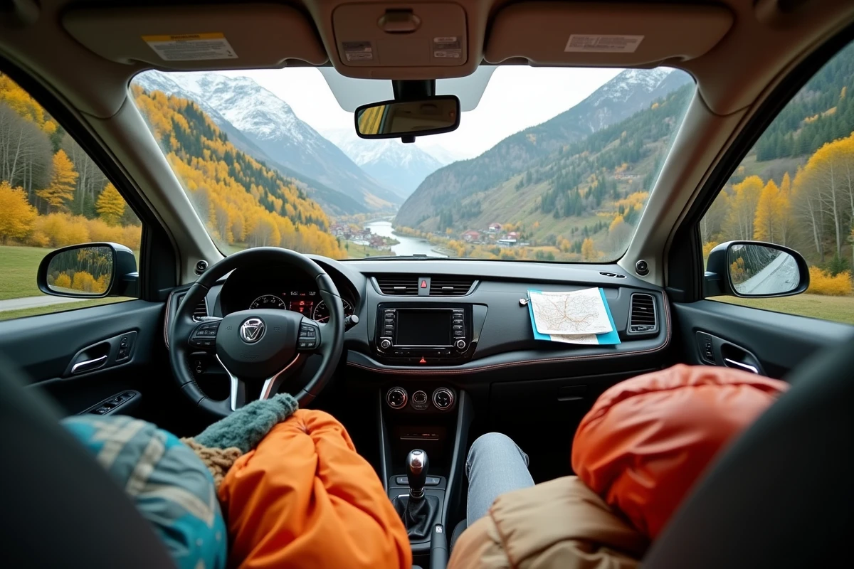 Intérieur de voiture de road trip avec vue sur la vallée de la Tarentaise et les villages alpins en automne depuis le col du Petit-Saint-Bernard