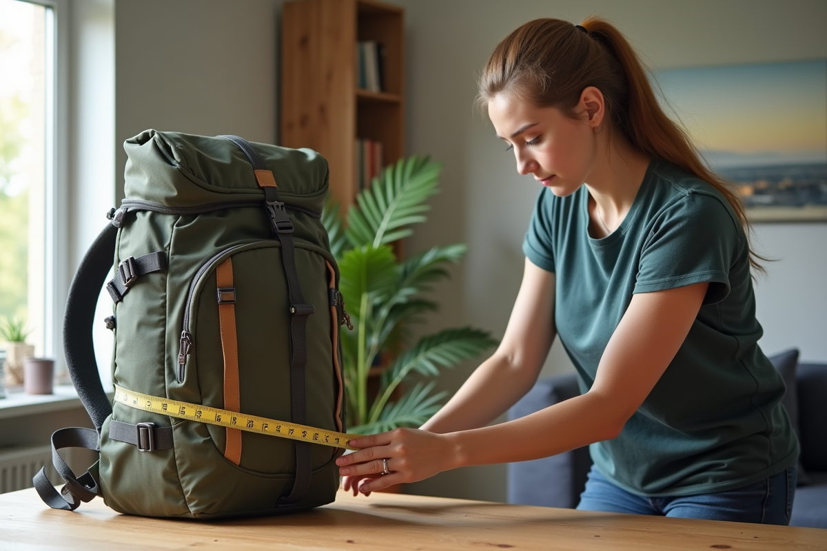Jeune adulte mesurant un sac à dos de randonnée avec un ruban dans un salon lumineux