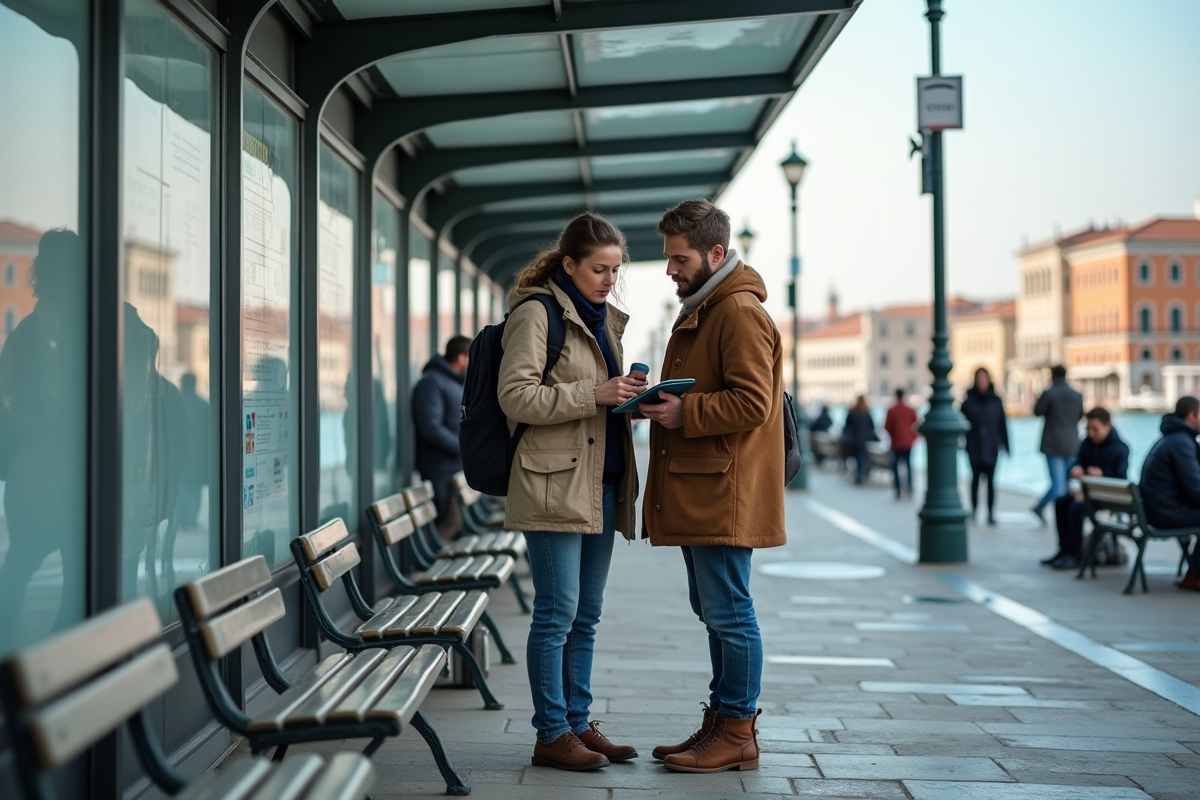 Jeune couple regardant une carte de vaporetto à Venise en voyage