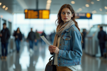 Jeune femme à l'aéroport avec billet incertain