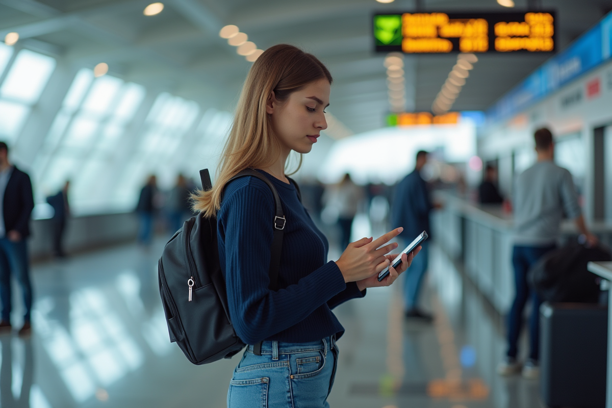 Jeune femme à l'aéroport avec smartphone et carte d'embarquement