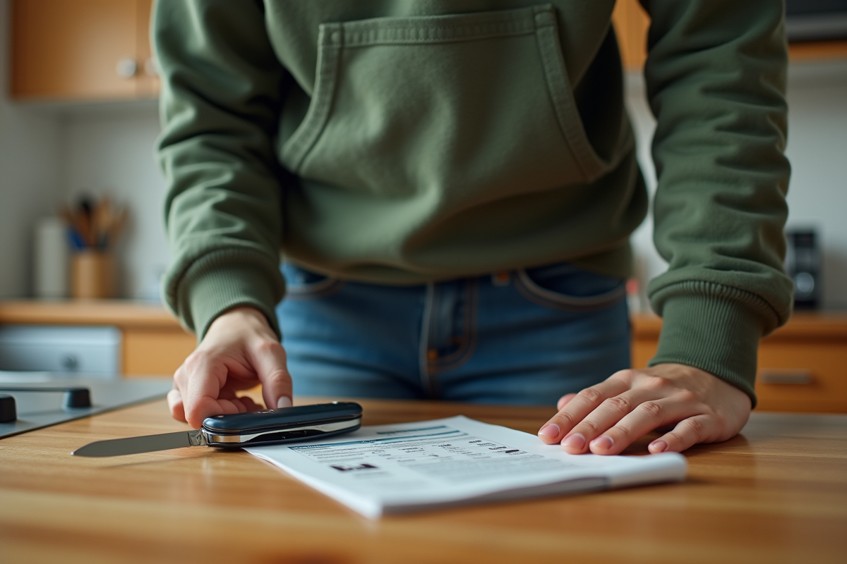 Jeune femme posant un couteau suisse sur un plan de cuisine