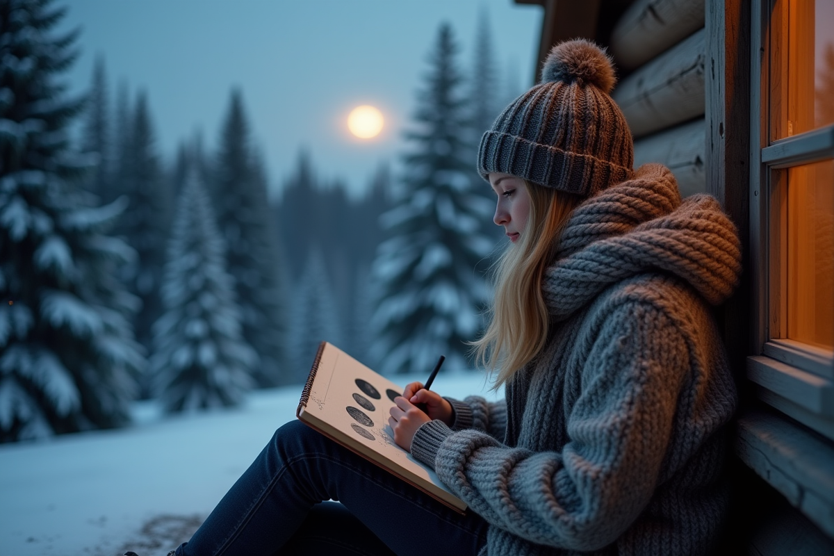Jeune femme dessinant les phases de la lune en hiver