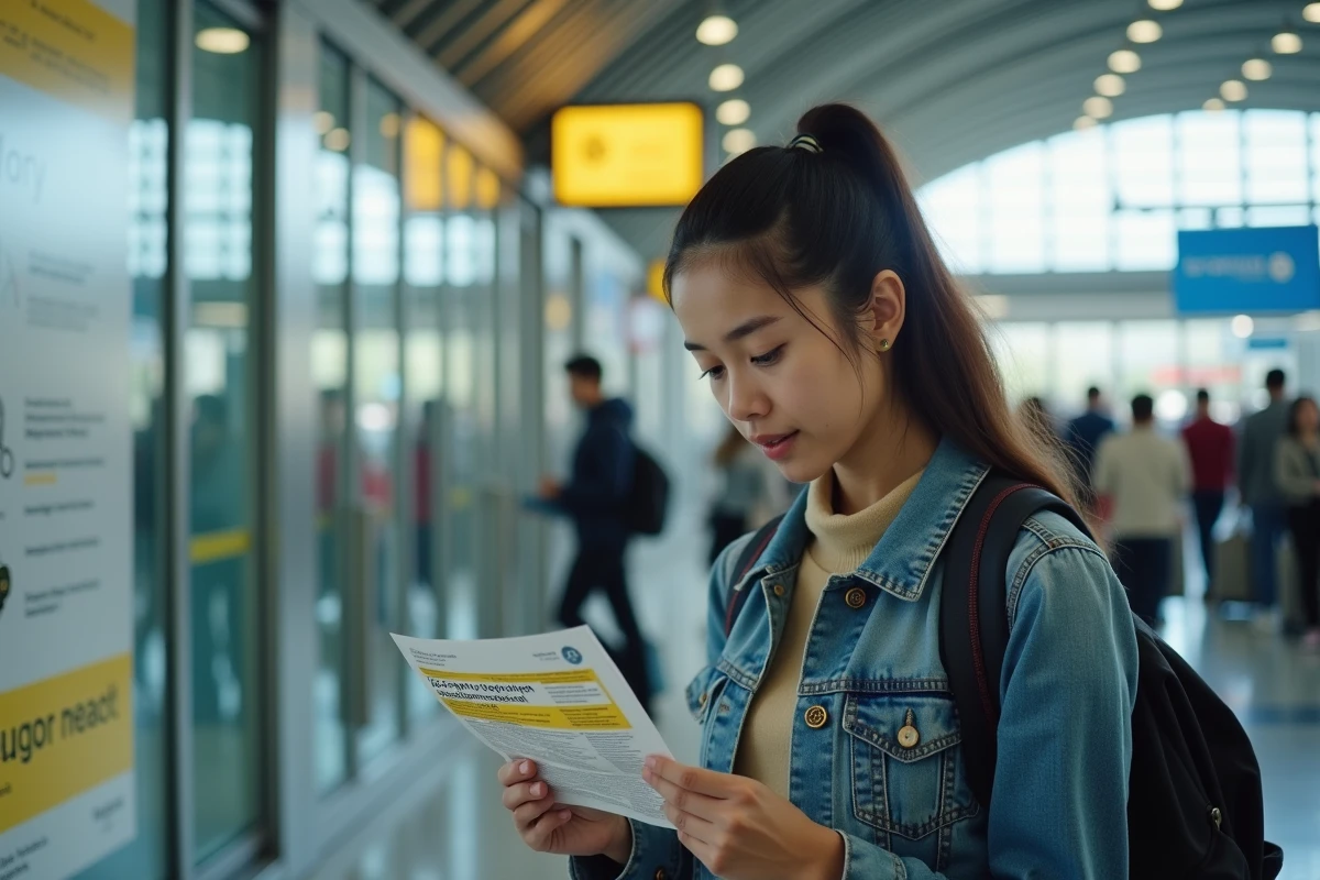 Jeune femme lisant un dépliant de vaccination fièvre jaune à l