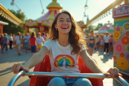 Jeune femme riante sur manège en plein air