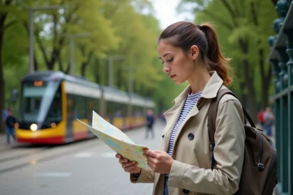 Jeune femme avec carte à Lyon dans un parc urbain