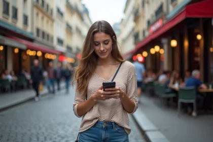 Jeune femme parisienne avec guide et smartphone dans la rue