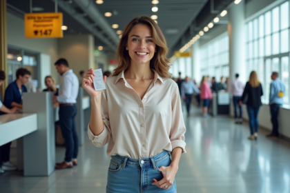 Femme souriante tenant son permis de conduire international