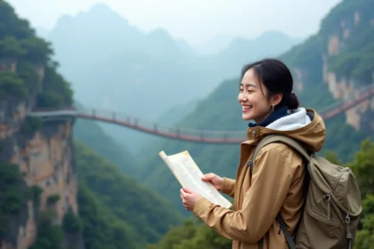 Jeune femme asiatique souriante avec carte au Tianmen