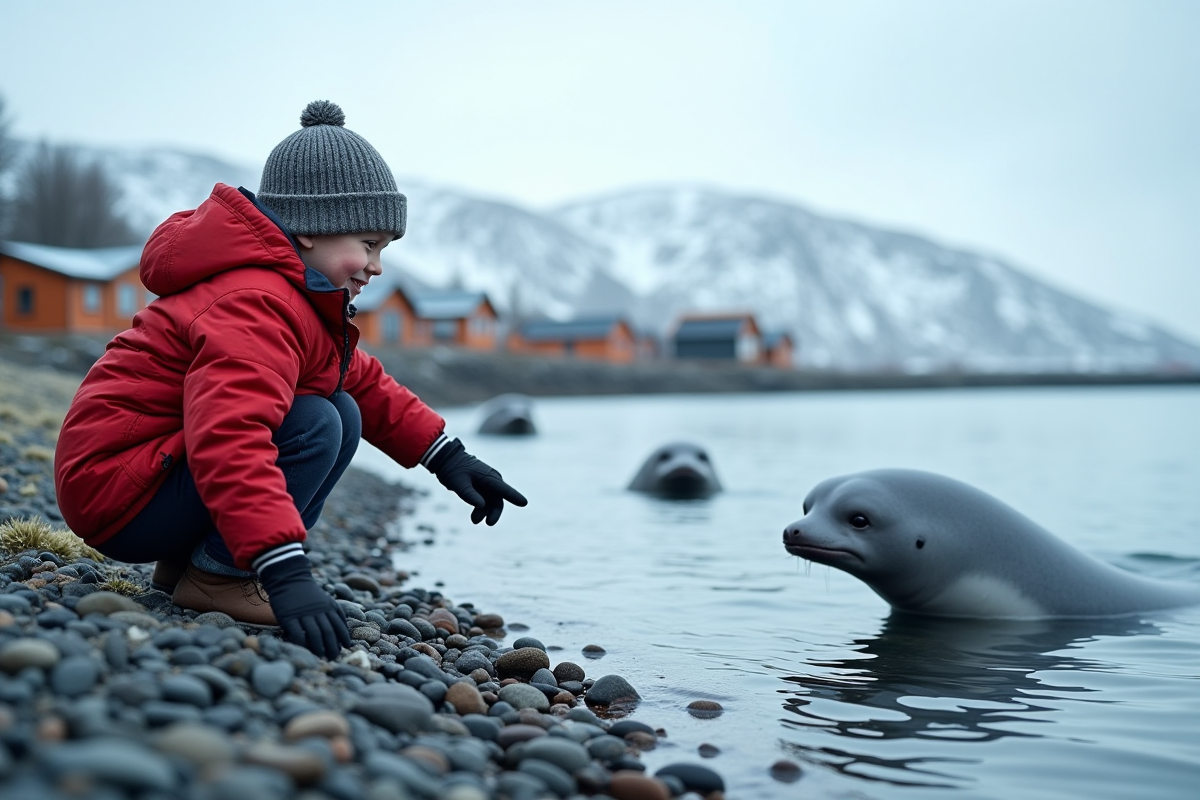 Jeune garçon pointant des baleines beluga sur la côte norvégienne