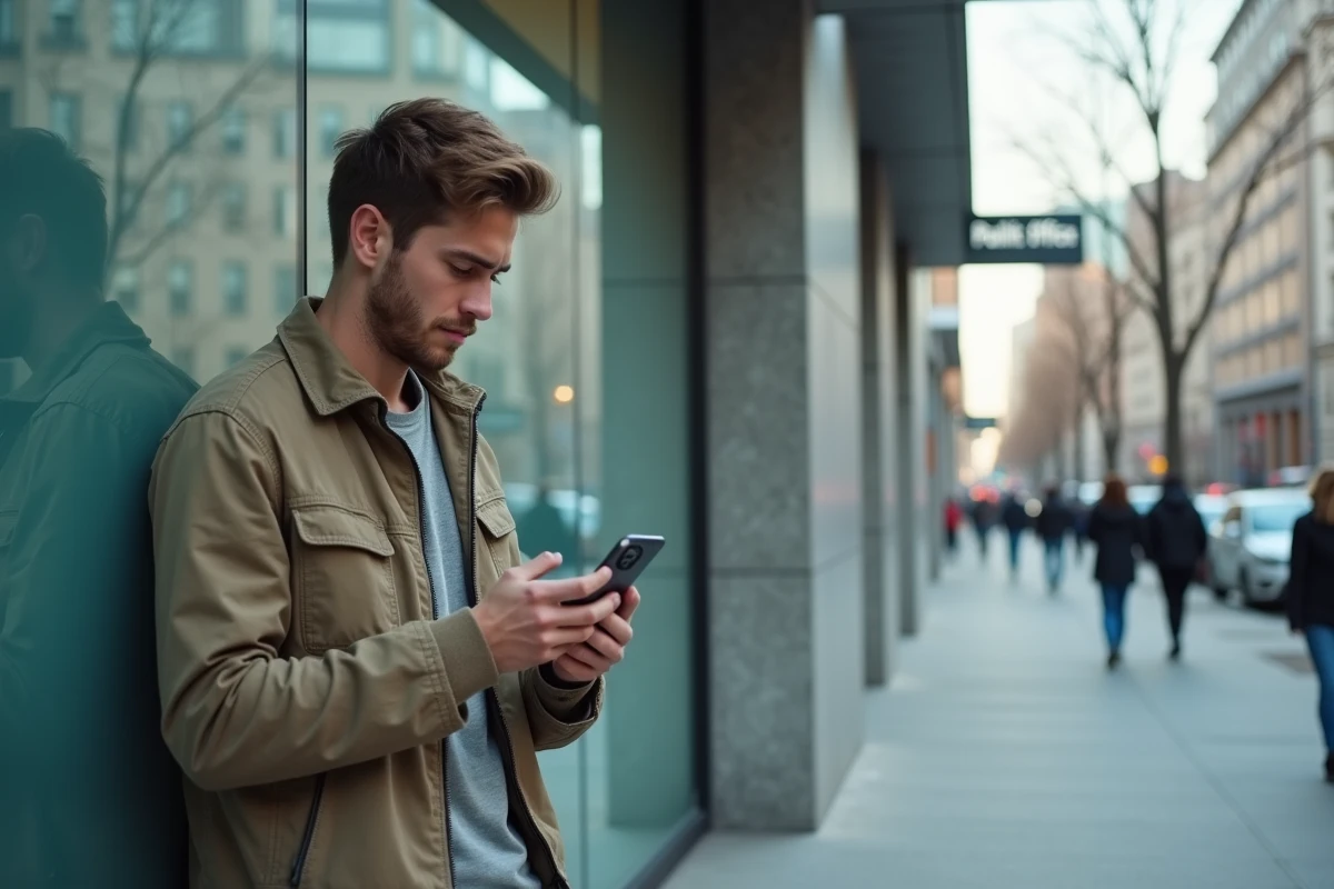 Jeune homme regardant son smartphone dans un environnement urbain