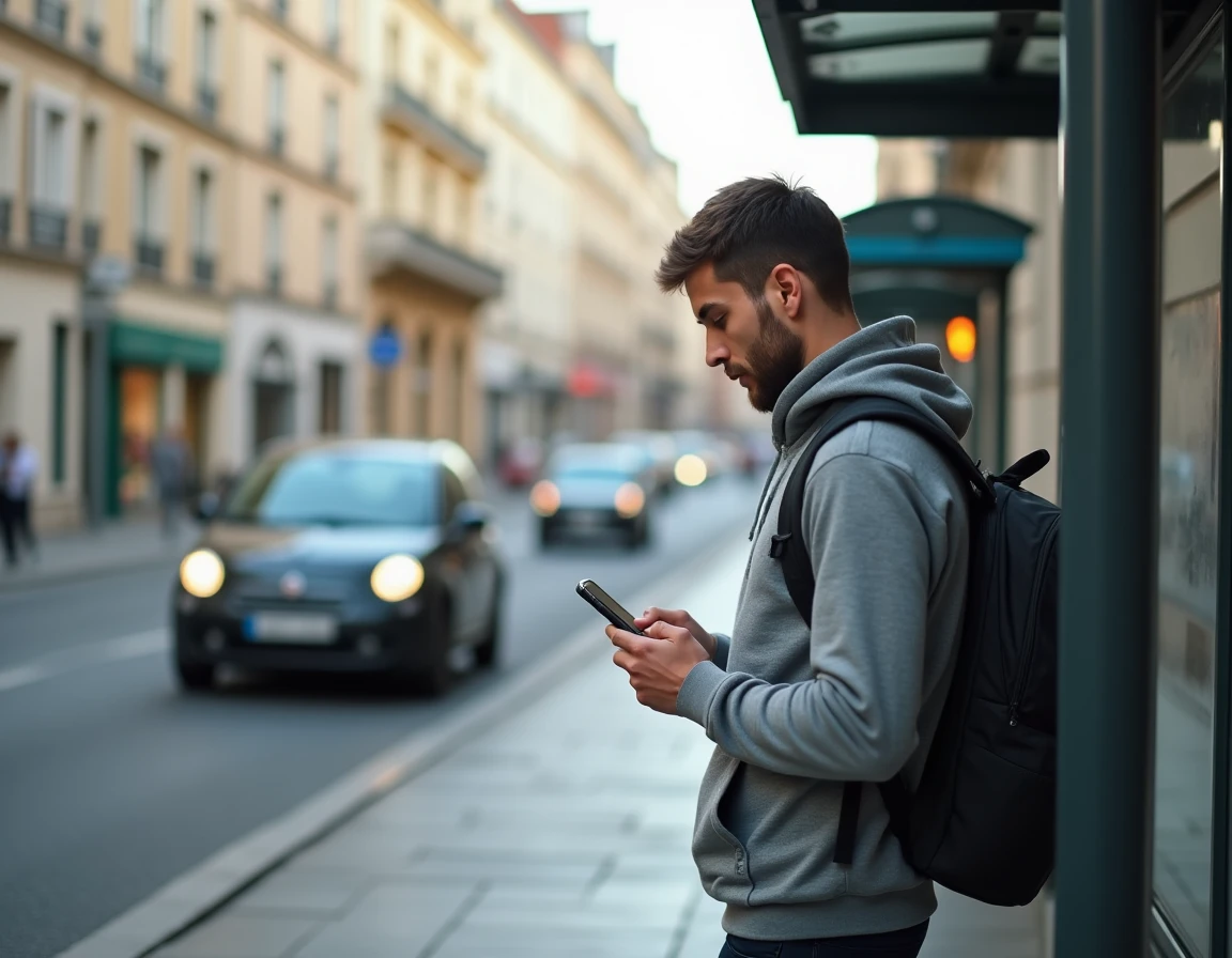 Jeune homme attendant son covoiturage à un arrêt de bus en ville, application de partage de trajet sur smartphone