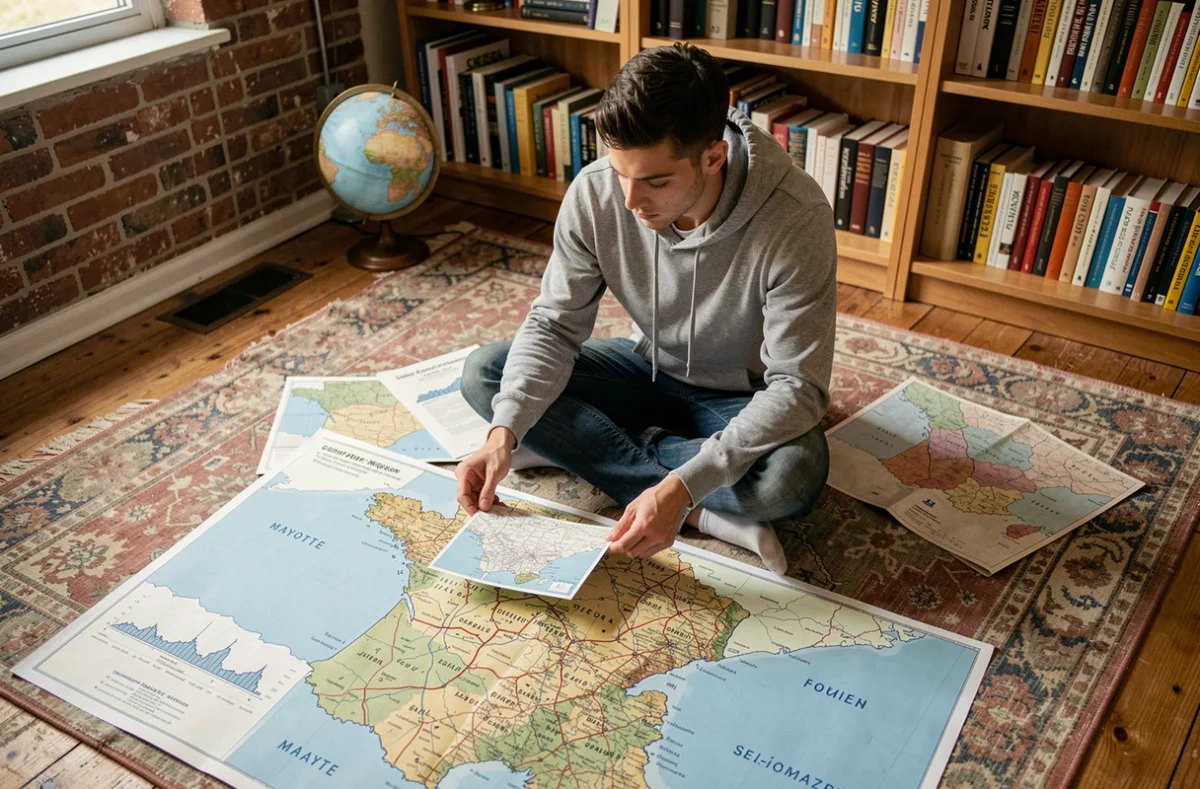 Jeune homme comparant des cartes imprimées de la France métropolitaine et des départements d'outre-mer étalées sur le sol