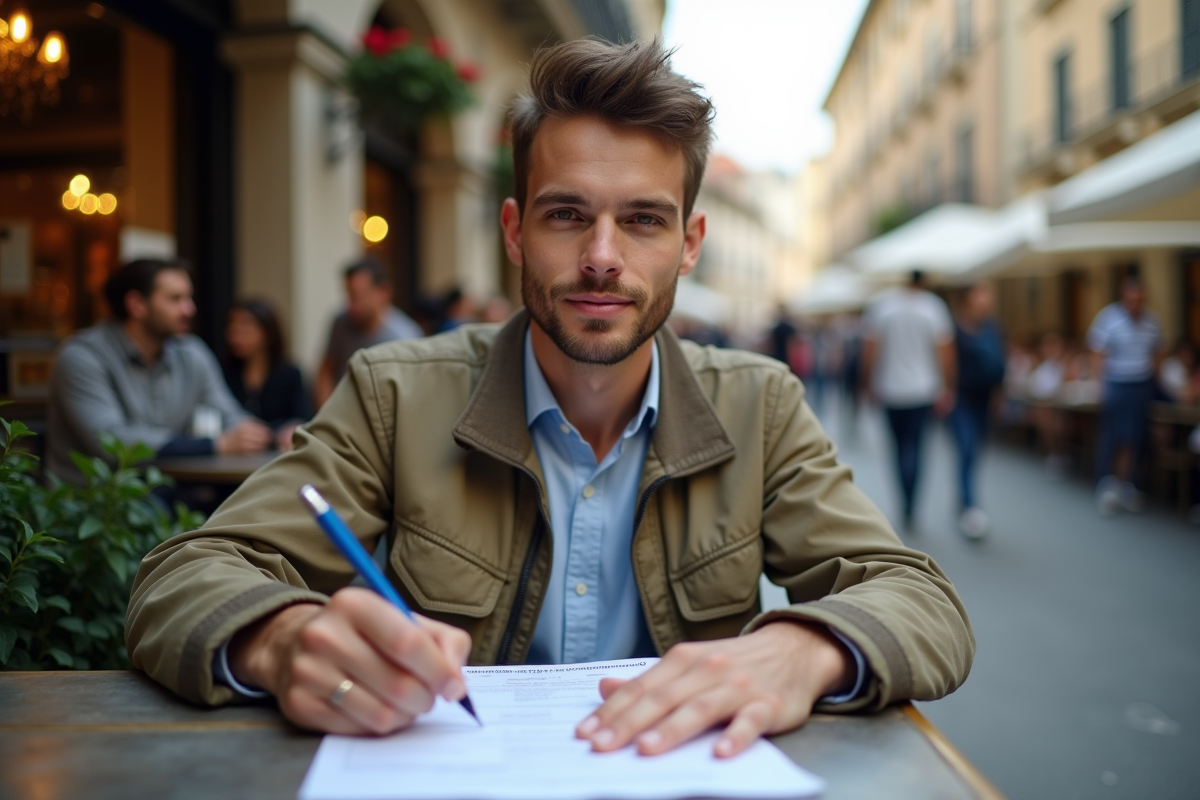 Homme remplissant un formulaire de permis à une table de café
