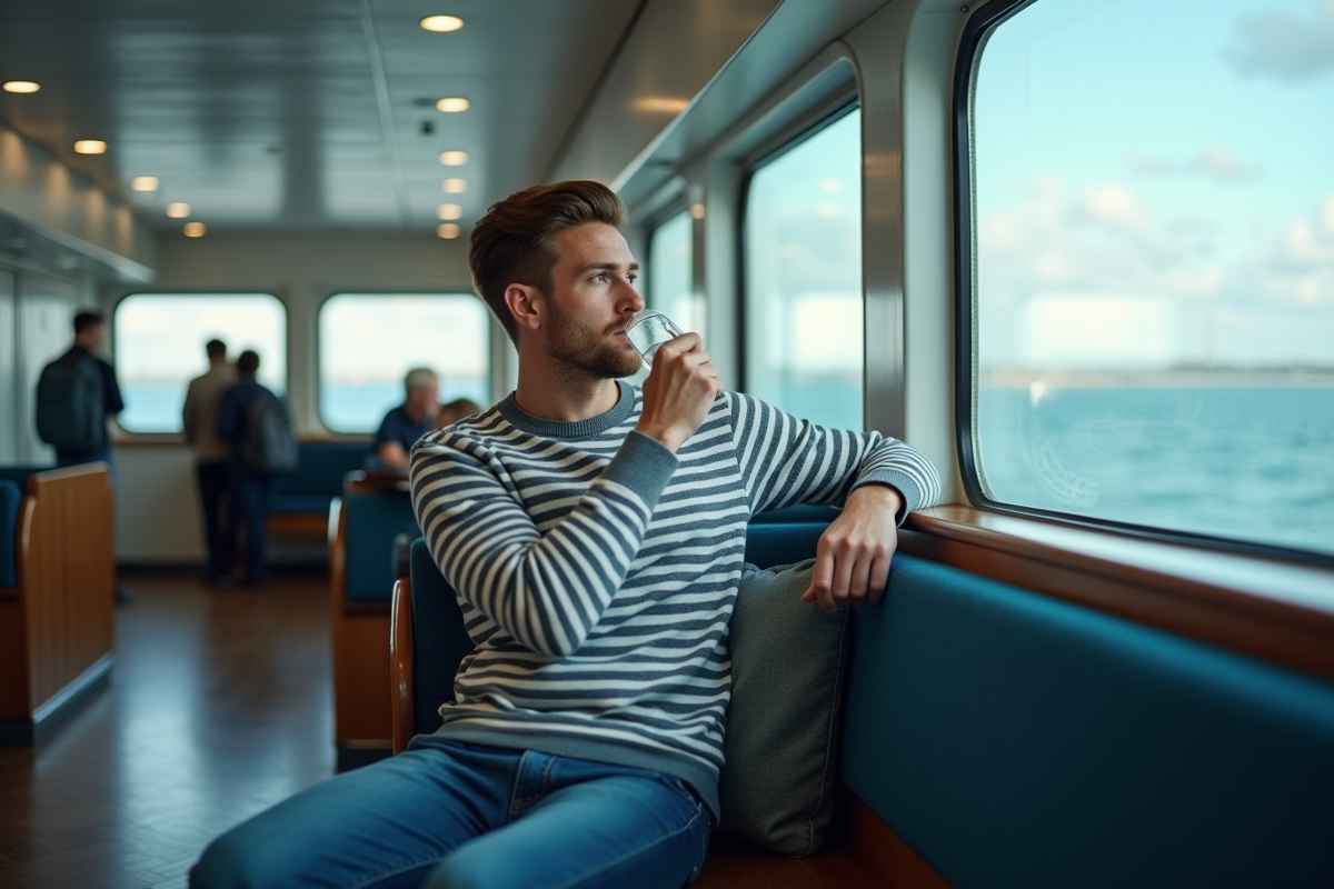 Jeune homme buvant dans un salon de ferry moderne