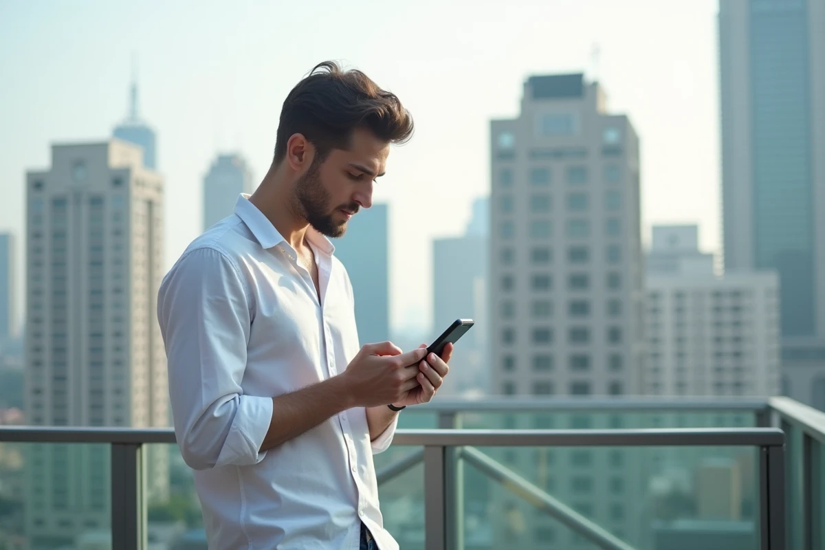 Jeune homme vérifie son profil Airbnb sur smartphone en extérieur