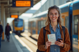 Jeune adulte souriant tenant un billet SNCB et un smartphone avec confirmation en ligne sur la plateforme