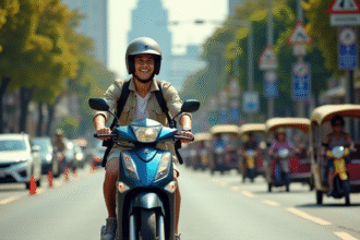 Jeune voyageur en scooter à Bangkok sous un soleil brillant