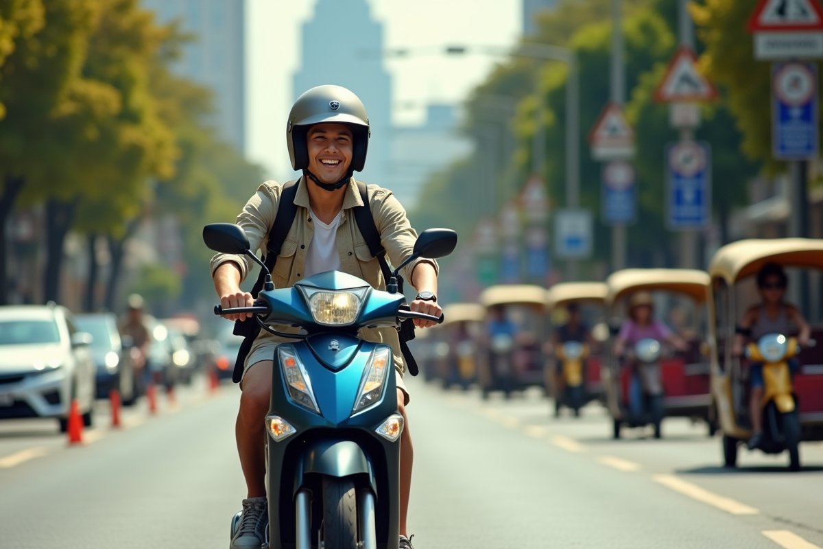 Jeune voyageur en scooter à Bangkok sous un soleil brillant