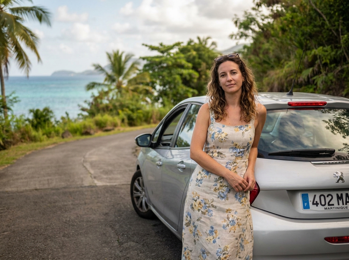 Femme à côté d'une voiture de location sur une route côtière en Martinique entourée de végétation tropicale