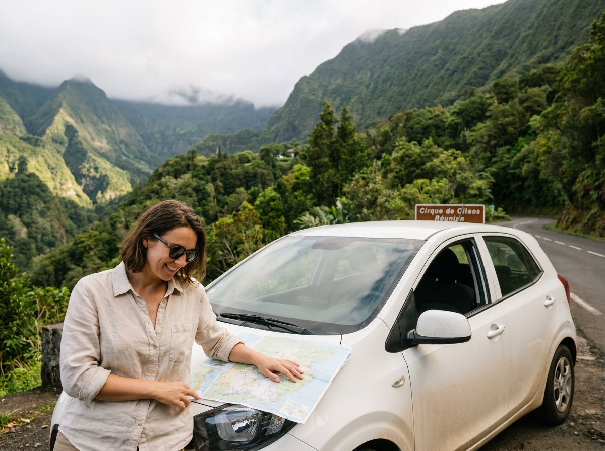 Femme s'appuyant sur une voiture de location sur une route de montagne à La Réunion, consultant une carte avec les cirques volcaniques en arrière-plan