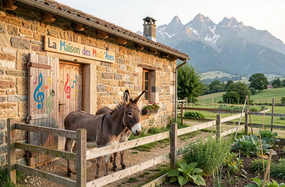 La Maison des Music'Ânes en Ariège, gîte de charme avec ânes dans un enclos et décors musicaux peints sur la grange