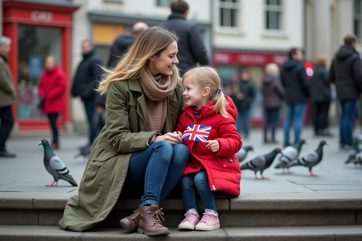 Maman et fille assises près de Piccadilly Circus