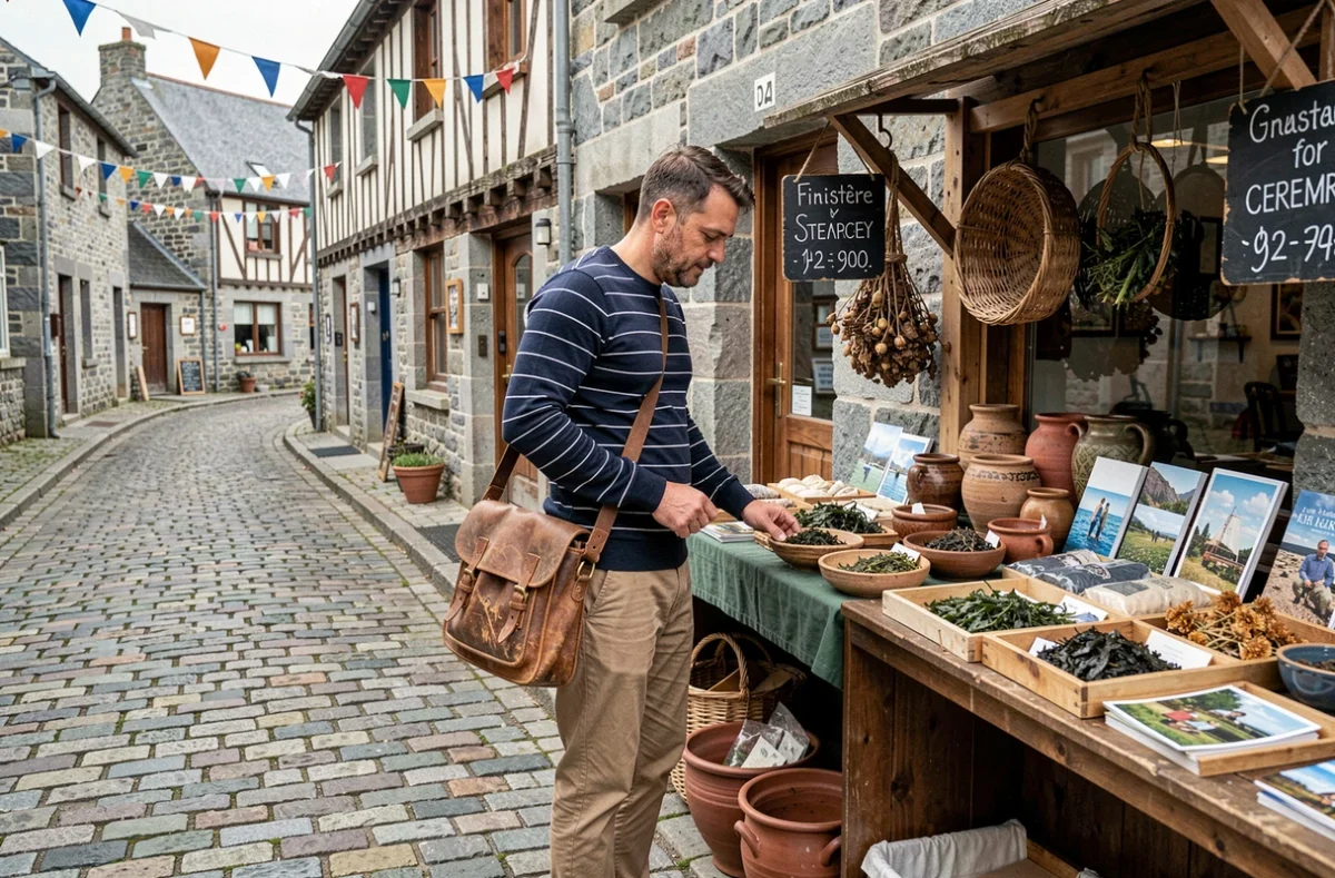 Voyageur explorant un marché artisanal dans un village de pêcheurs du Finistère, rue pavée bretonne