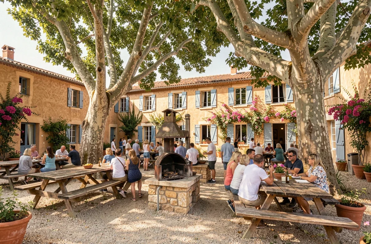 Le Mas de Rey près d'Uzès, grand gîte collectif en pierre avec cour ombragée par un platane centenaire et tables de pique-nique