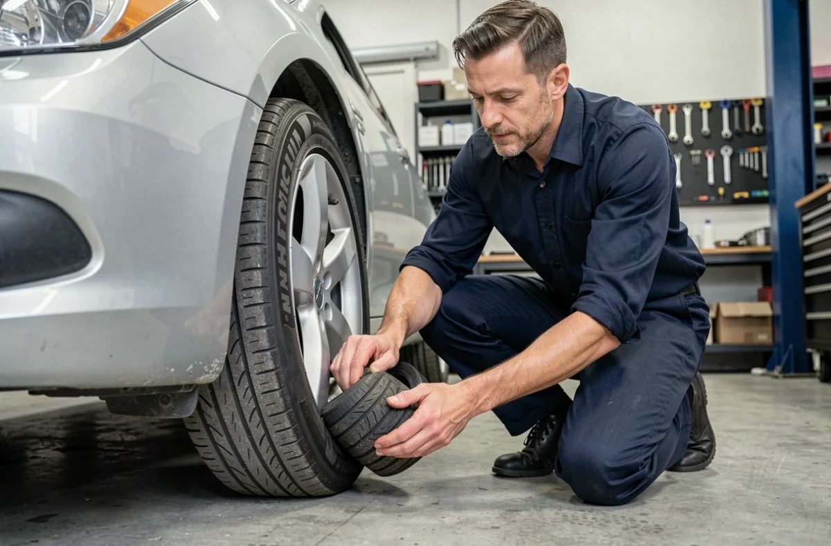Mécanicien professionnel inspectant un pneu Michelin sur une voiture dans un garage automobile