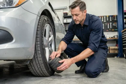 Mécanicien professionnel inspectant un pneu Michelin sur une voiture dans un garage automobile