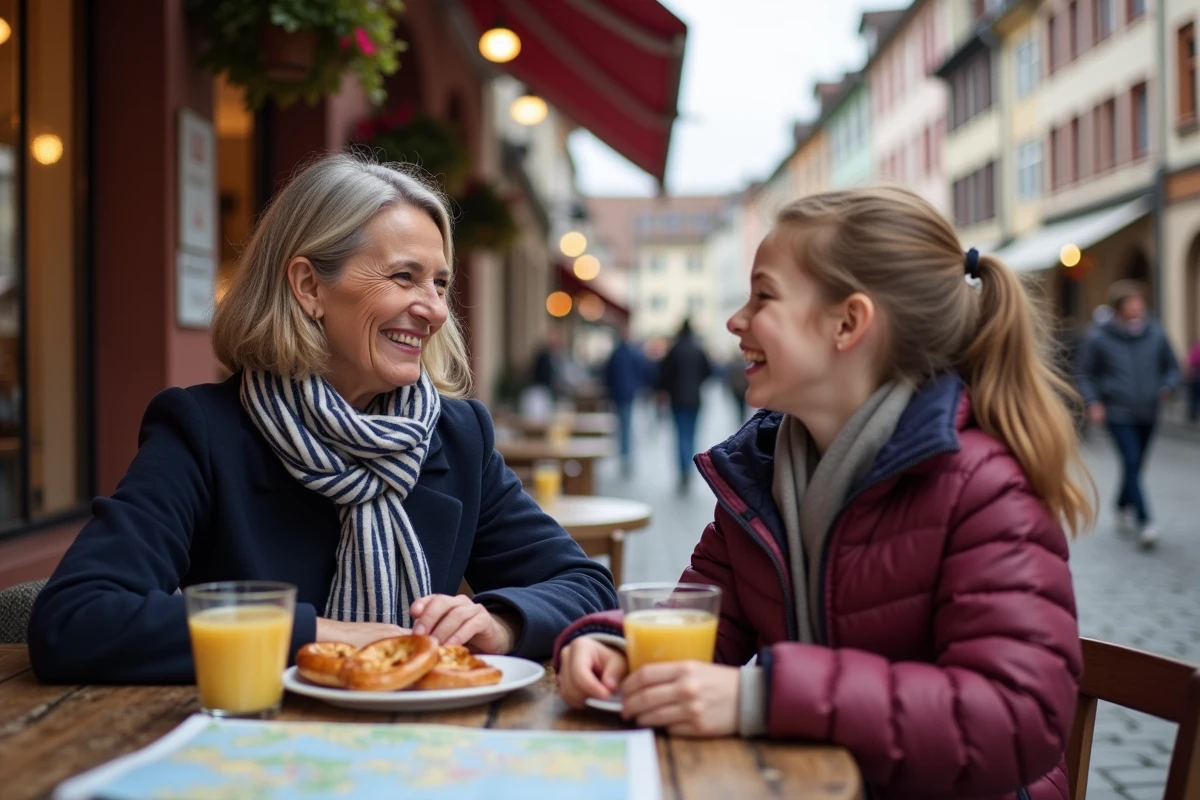 Mère et fille partageant un goûter en terrasse dans la Maximilianstrasse de Speyer lors d'une escapade en famille