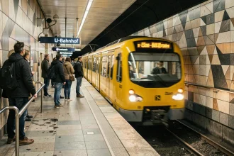 Rame de métro U-Bahn jaune entrant dans une station souterraine de Berlin avec des voyageurs sur le quai