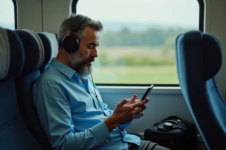 Musulman priant dans un train moderne en voyage