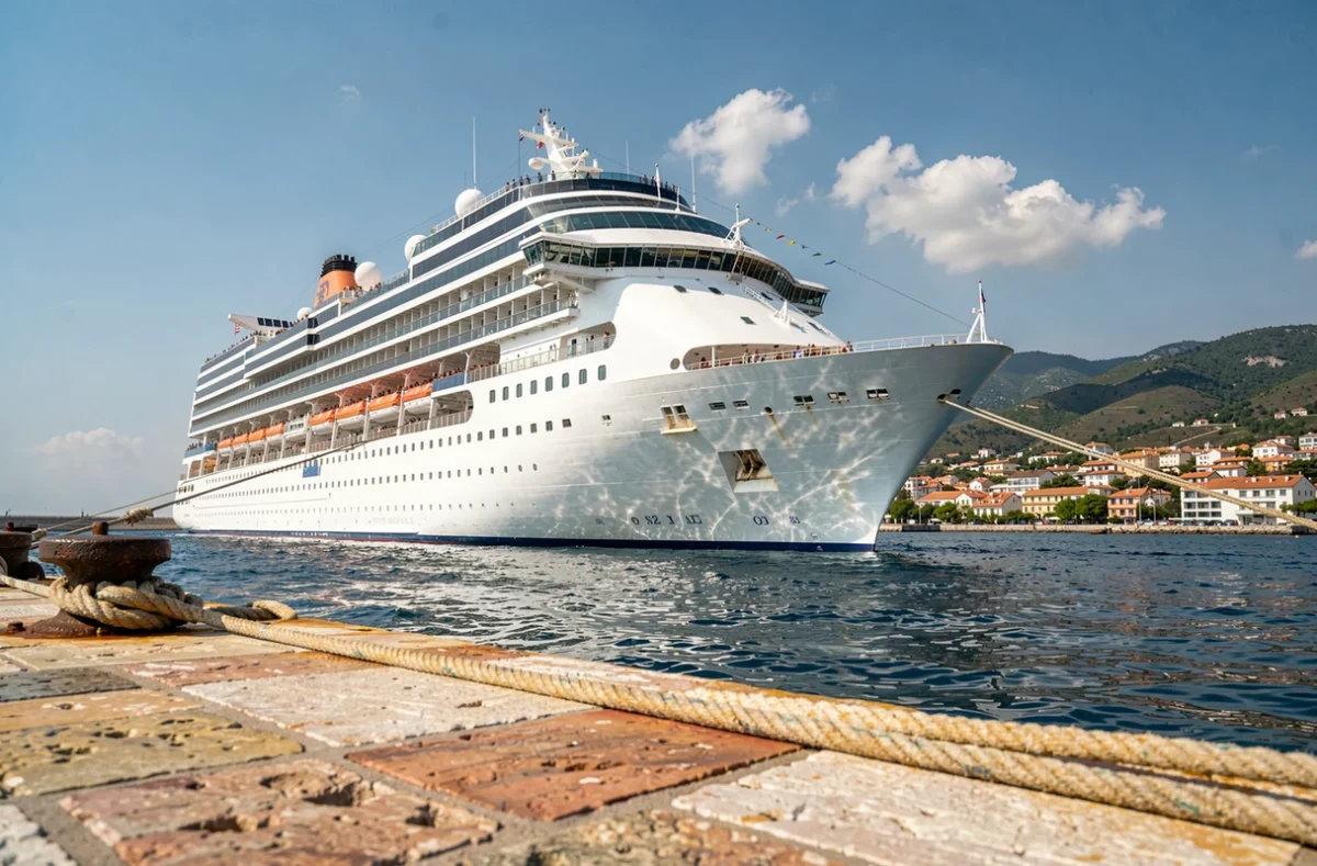 Grand navire de croisière Calypso amarré dans un port méditerranéen avec vue sur une ville côtière pittoresque