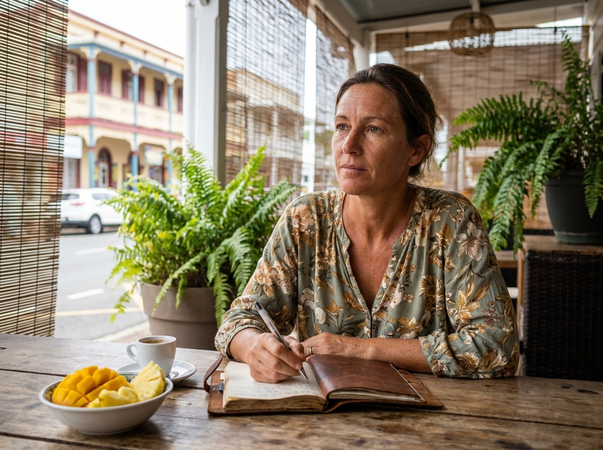 Voyageuse prenant des notes dans un café en terrasse à Nouméa, Nouvelle-Calédonie