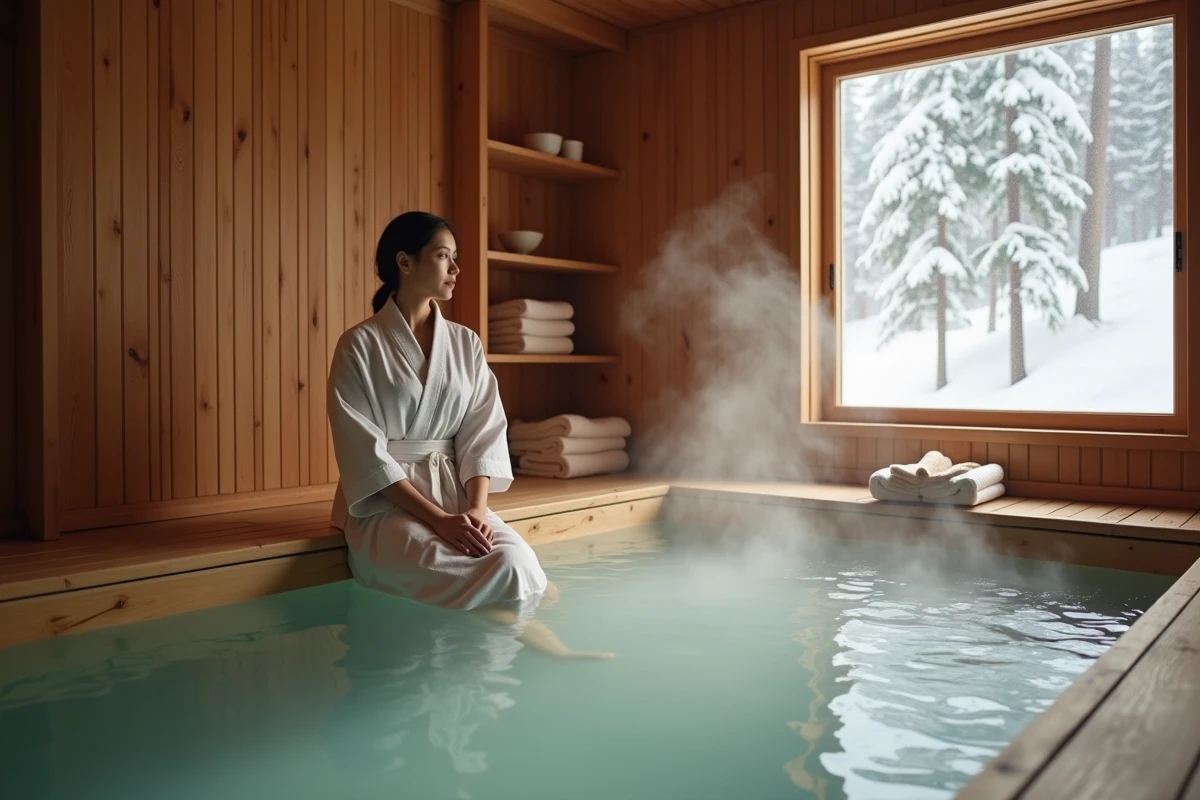 Femme en yukata blanc se reposant au bord d'un bain d'onsen intérieur en bois de cèdre dans un ryokan de station de ski japonaise