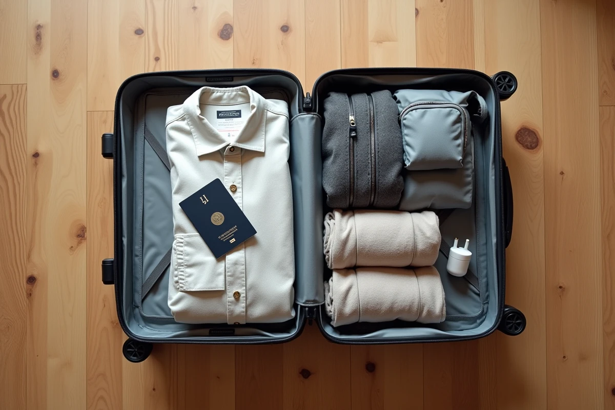 Valise cabine Jump ouverte et organisée avec les essentiels pour un voyage en compagnie low cost