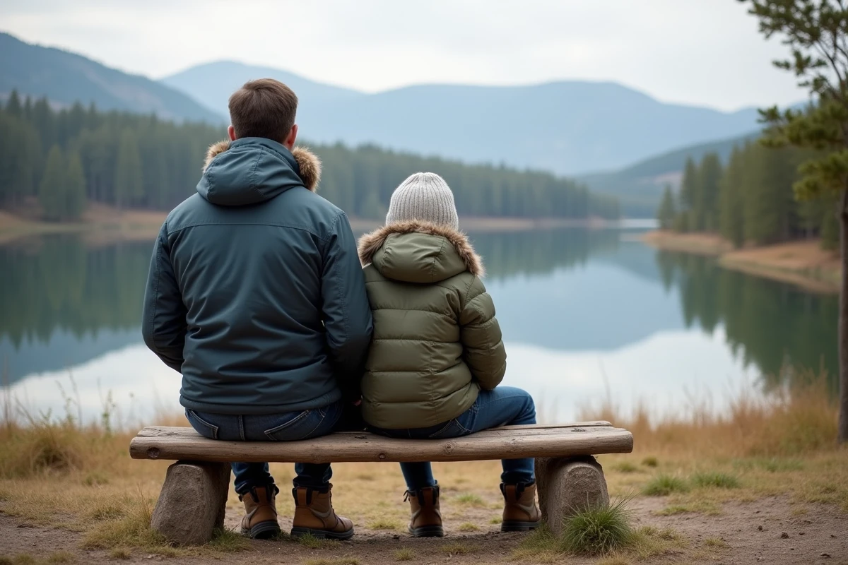 Père et fils assis sur un banc au lac Gérardmer