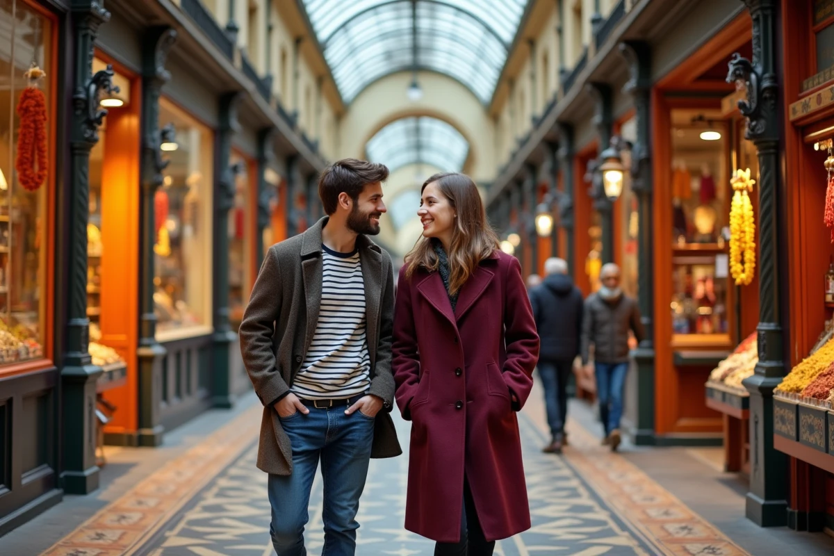 Couple se promenant dans le Passage Brady à Paris, passage couvert coloré proche de la gare du Nord lors d'un itinéraire à pied