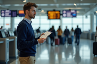Jeune homme tenant un billet d'avion à l'aéroport