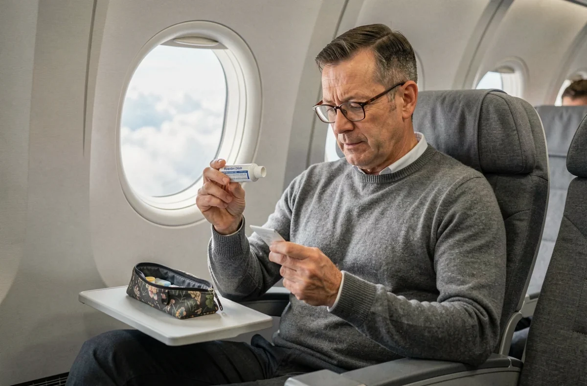 Passager en avion vérifiant l'étiquette d'un tube de dentifrice format voyage dans la cabine d'un avion
