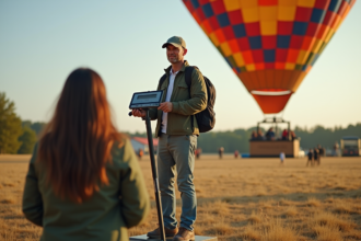 Homme d'âge moyen sur une balance extérieure près d'un ballon
