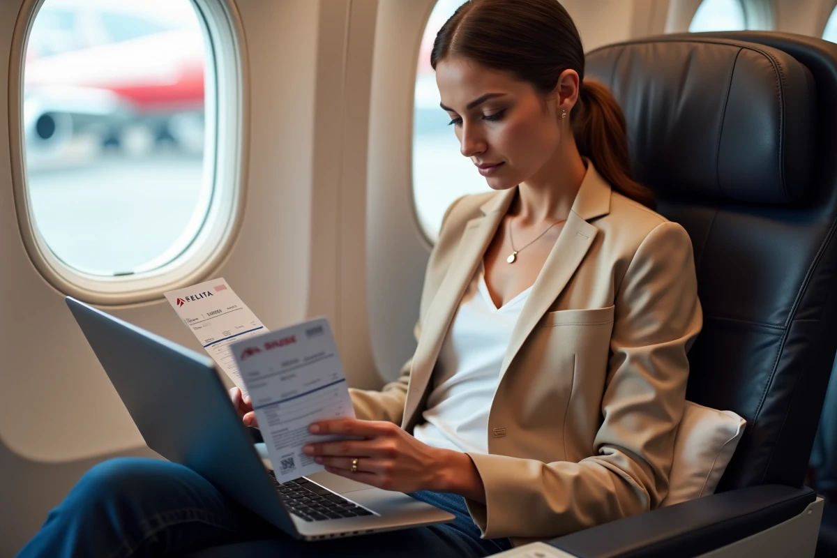 Passagère en classe affaires comparant des cartes d'embarquement Delta et d'une compagnie européenne sur ses genoux