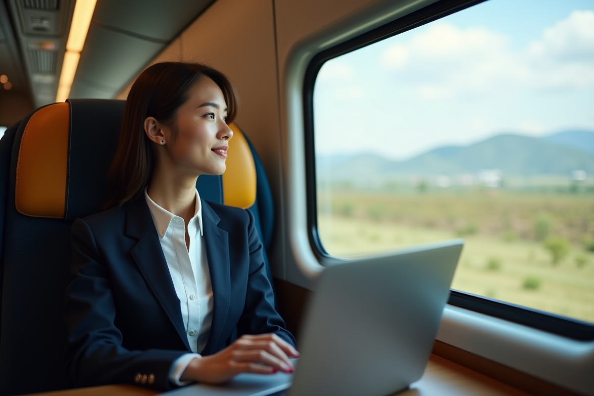 Jeune femme en costume regardant par la fenetre dans un train moderne